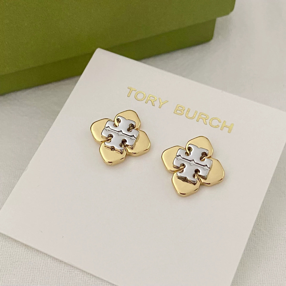 Tory Burch Cold Four Leaf Clover Letter Metal Stud Earrings
